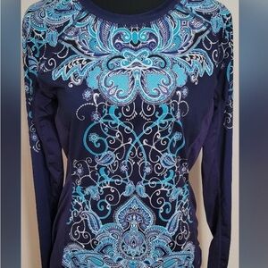 Athleta Navy and Turquoise Paisley Long Sleeve Top